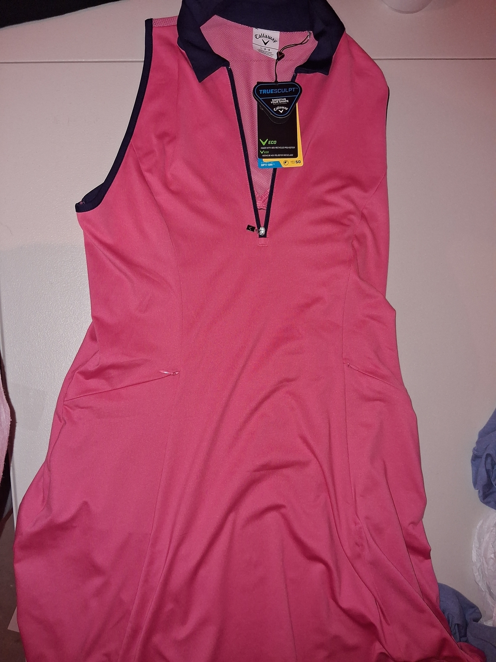 Callaway Hot Pink Sleeveless Golf Polo Dress with Navy Trim